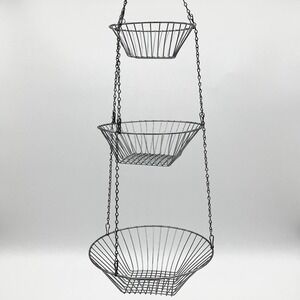 Vintage Hanging Fruit Basket 3-Tier 7/9/11in Silver Wire Mesh Organizer Sturdy